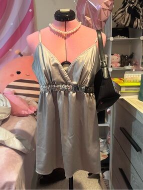 Silver Satin tank with Sequin Waist